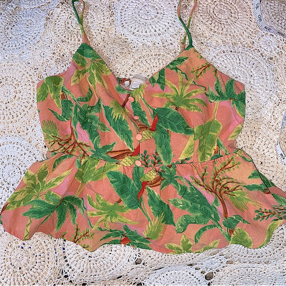 Linen Rayon Smocked Crop Top Tank Adjustable Peplum Floral Medium Monteau LA EUC